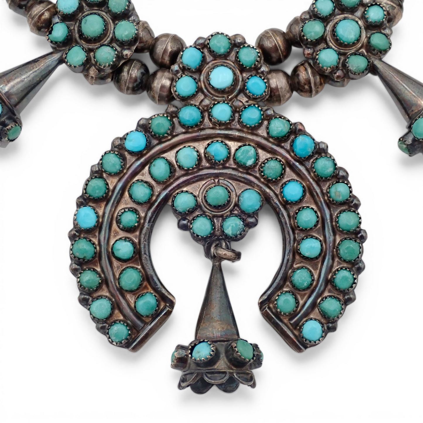 Mid-Century Zuni Turquoise Snake Eye Cluster Bell-Shaped Squash Blossom Necklace