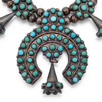 Mid-Century Zuni Turquoise Snake Eye Cluster Bell-Shaped Squash Blossom Necklace
