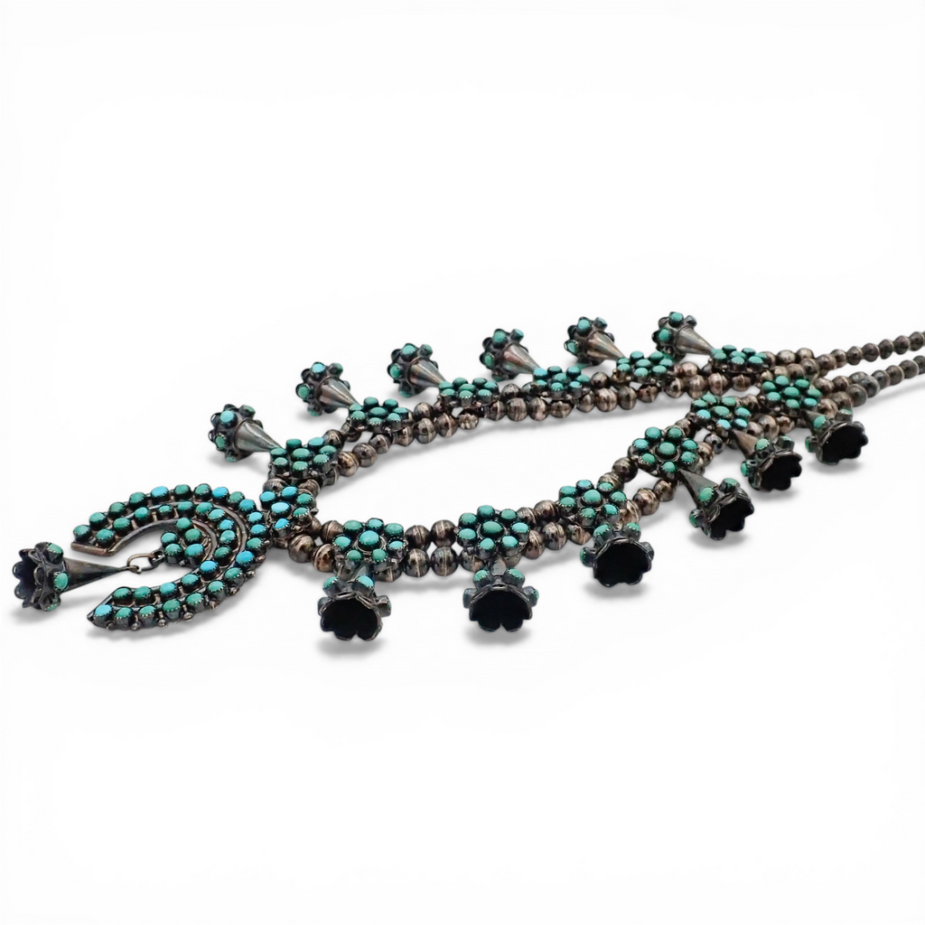 Mid-Century Zuni Turquoise Snake Eye Cluster Bell-Shaped Squash Blossom Necklace