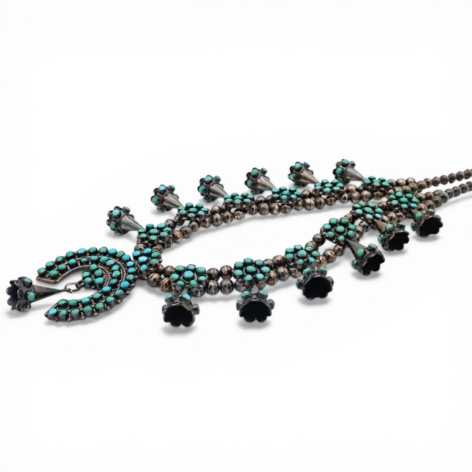Mid-Century Zuni Turquoise Snake Eye Cluster Bell-Shaped Squash Blossom Necklace