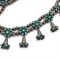 Mid-Century Zuni Turquoise Snake Eye Cluster Bell-Shaped Squash Blossom Necklace