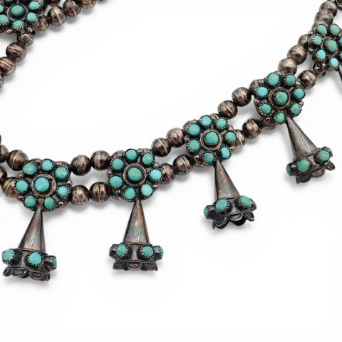 Mid-Century Zuni Turquoise Snake Eye Cluster Bell-Shaped Squash Blossom Necklace by B. BOWEKATY