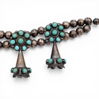 Mid-Century Zuni Turquoise Snake Eye Cluster Bell-Shaped Squash Blossom Necklace