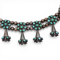 Mid-Century Zuni Turquoise Snake Eye Cluster Bell-Shaped Squash Blossom Necklace