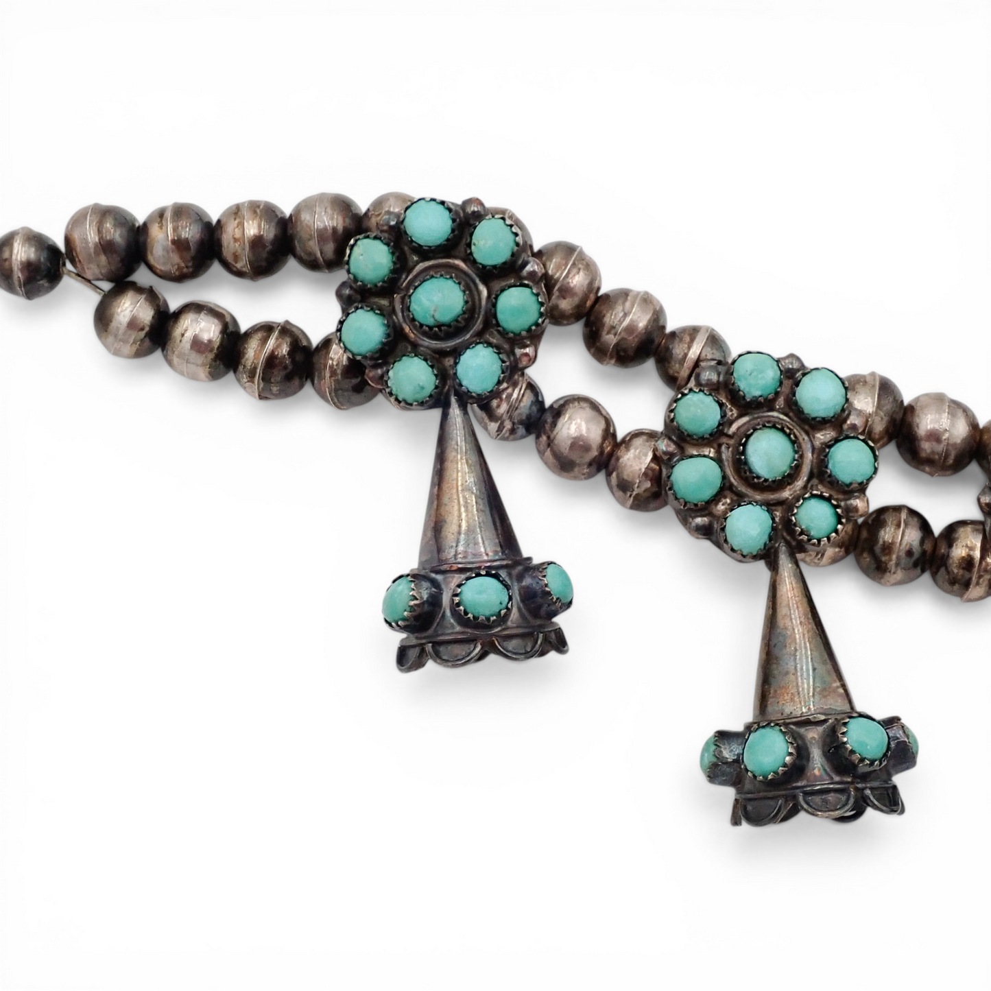 Mid-Century Zuni Turquoise Snake Eye Cluster Bell-Shaped Squash Blossom Necklace