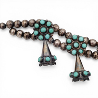 Mid-Century Zuni Turquoise Snake Eye Cluster Bell-Shaped Squash Blossom Necklace