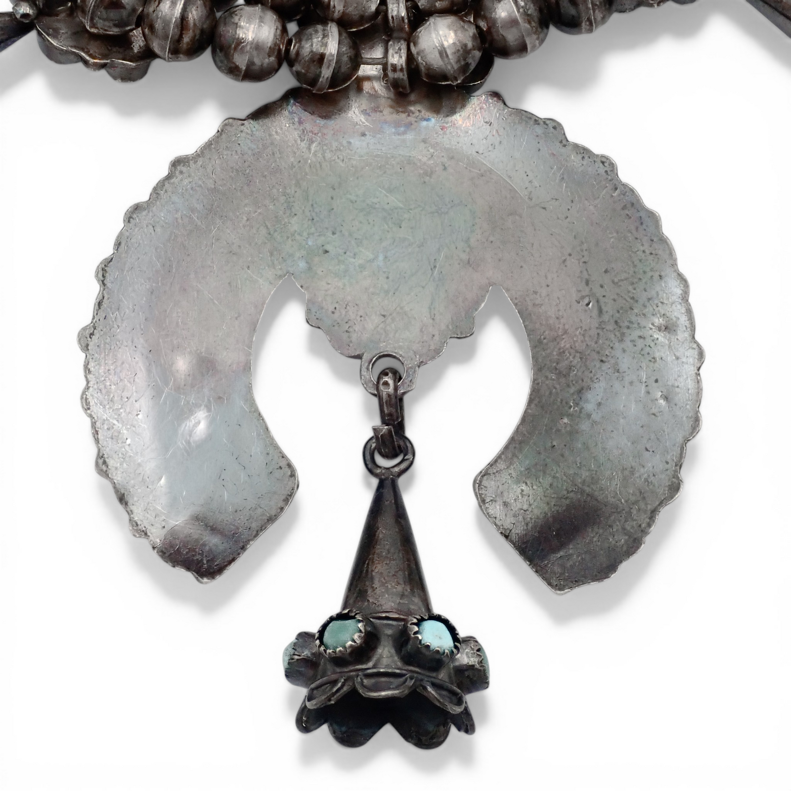 Mid-Century Zuni Turquoise Snake Eye Cluster Bell-Shaped Squash Blossom Necklace