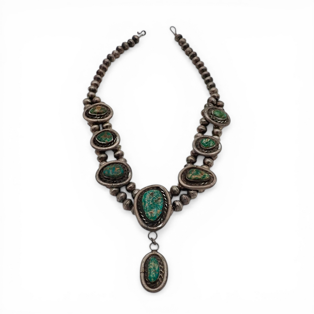 88-Gram Navajo Fox Turquoise Sterling Silver Eight-Stone Station Bead Necklace