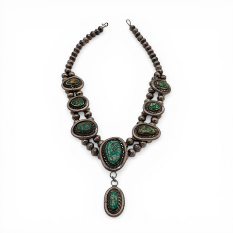 88-Gram Navajo Fox Turquoise Sterling Silver Eight-Stone Station Bead Necklace