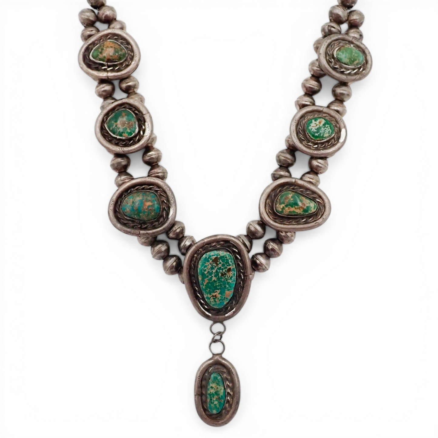 88-Gram Navajo Fox Turquoise Sterling Silver Eight-Stone Station Bead Necklace