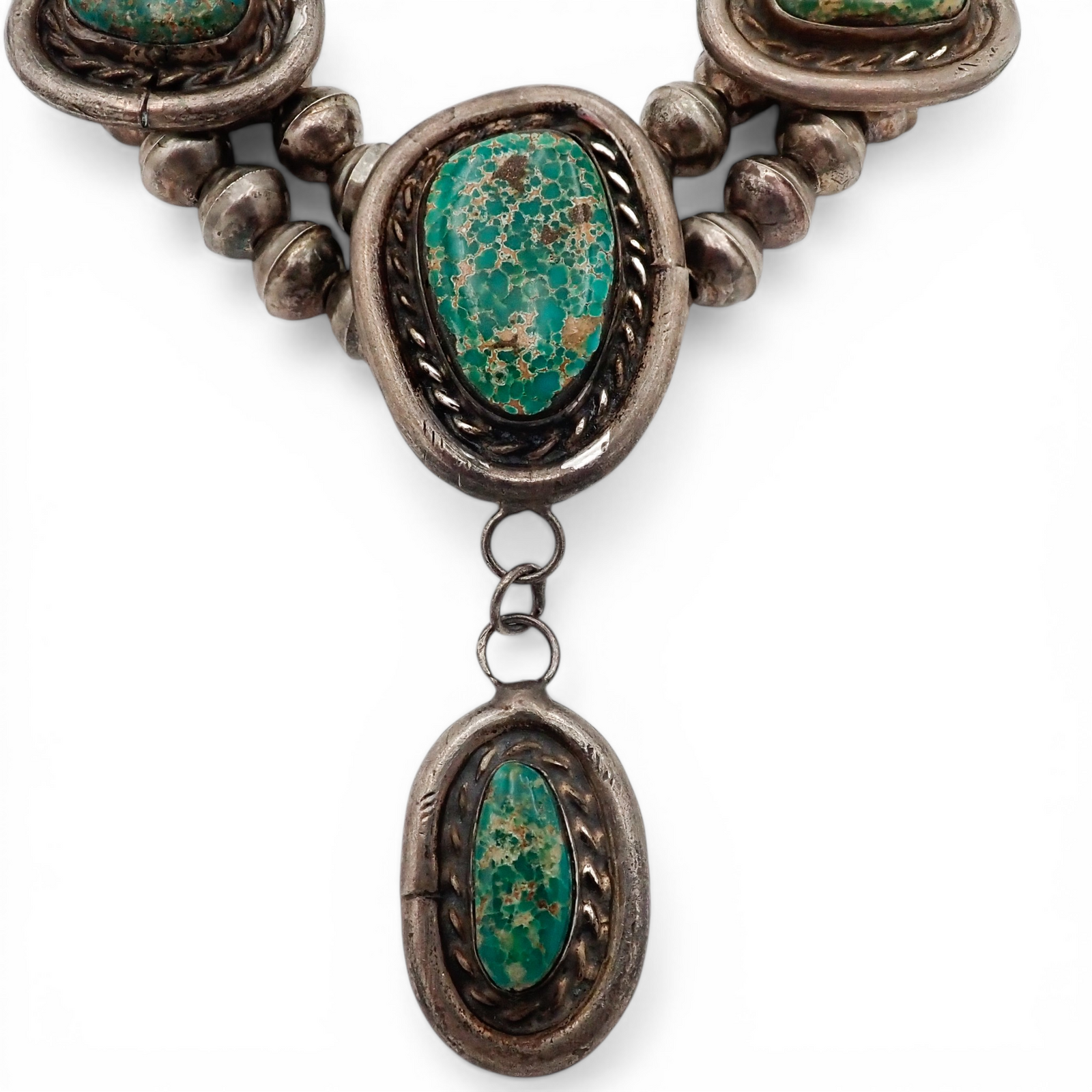 88-Gram Navajo Fox Turquoise Sterling Silver Eight-Stone Station Bead Necklace