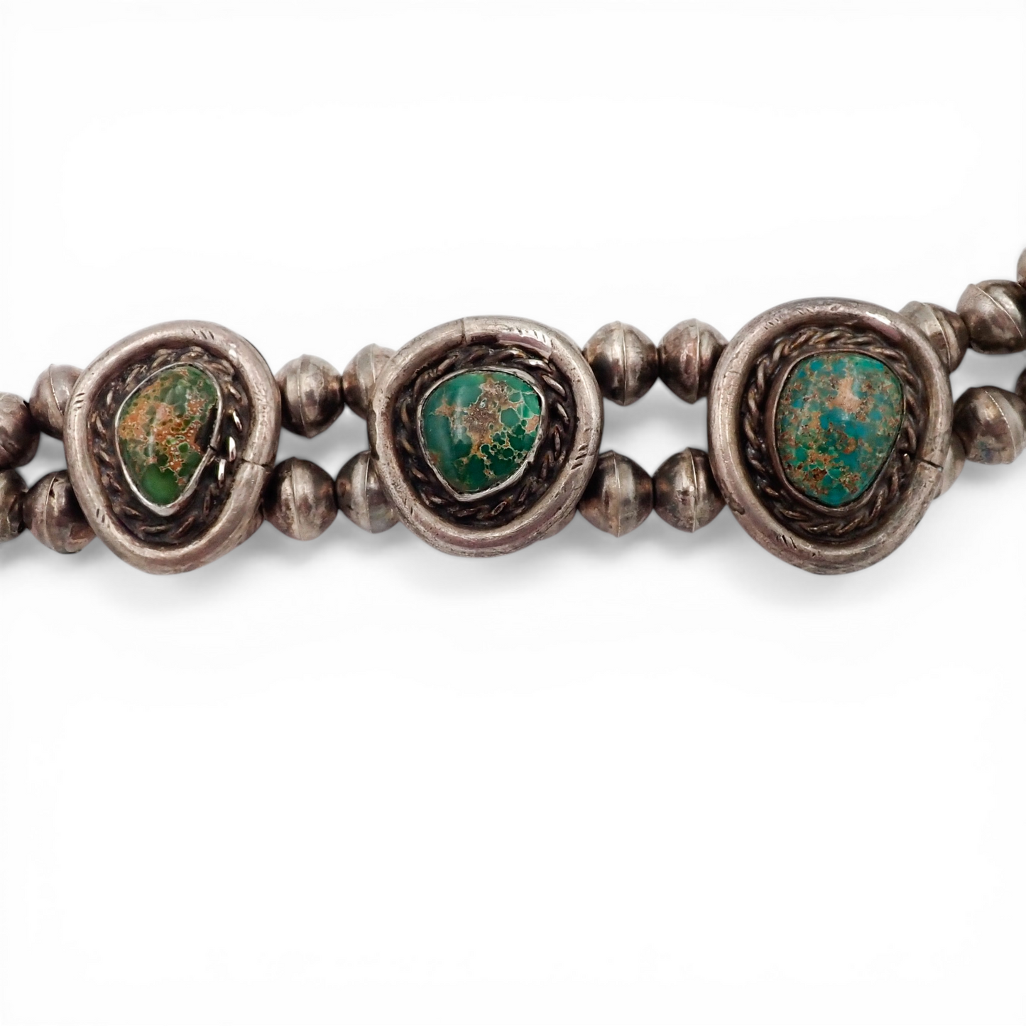 88-Gram Navajo Fox Turquoise Sterling Silver Eight-Stone Station Bead Necklace