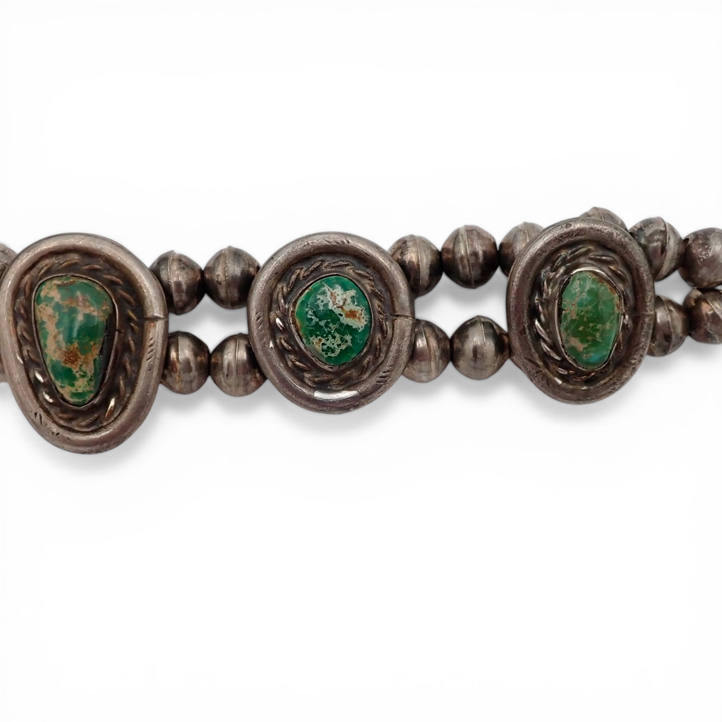 88-Gram Navajo Fox Turquoise Sterling Silver Eight-Stone Station Bead Necklace