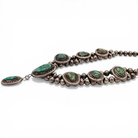 88-Gram Navajo Fox Turquoise Sterling Silver Eight-Stone Station Bead Necklace
