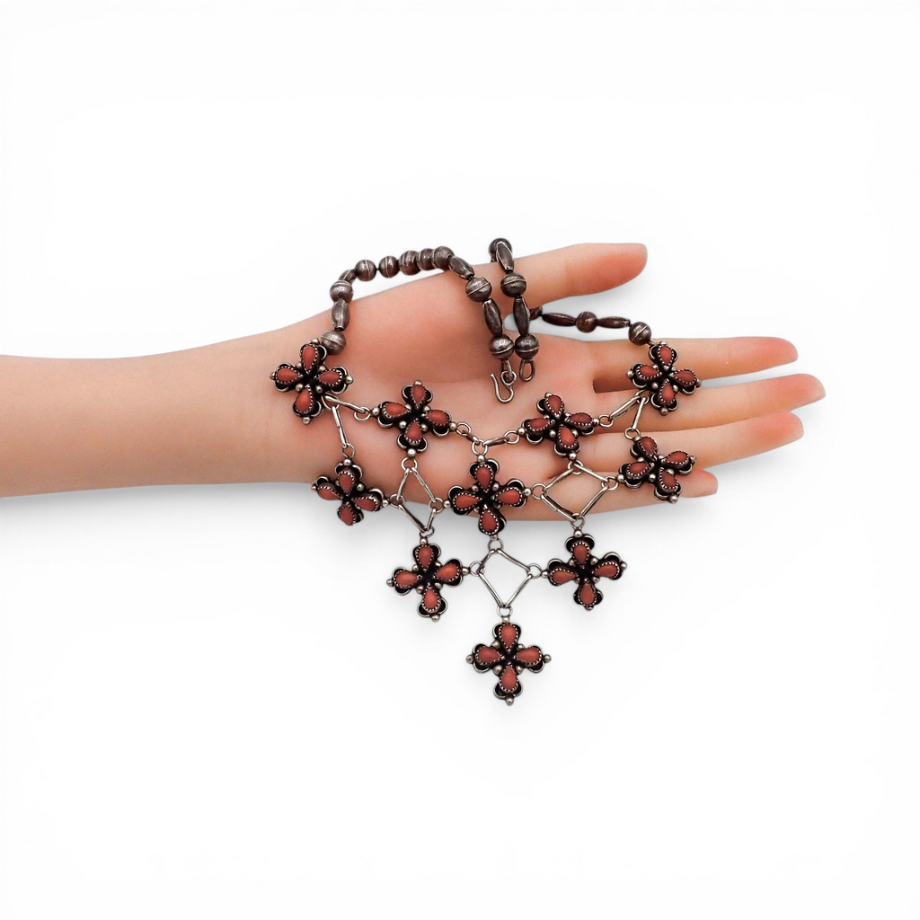 1970s Native American Coral Cluster Sterling Silver Bead & Link Bib Necklace by H. ORTEGA