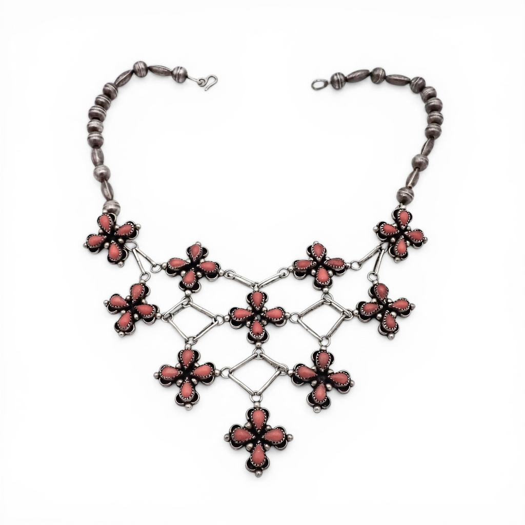 1970s Native American Coral Cluster Sterling Silver Bead & Link Bib Necklace by H. ORTEGA