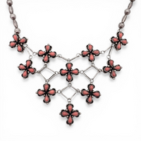 1970s Native American Coral Cluster Sterling Silver Bead & Link Bib Necklace by H. ORTEGA