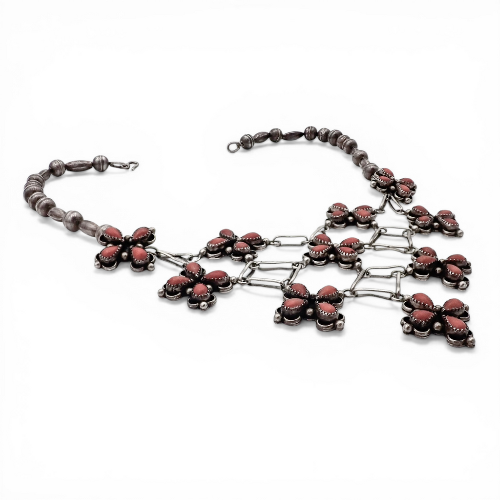 1970s Native American Coral Cluster Sterling Silver Bead & Link Bib Necklace by H. ORTEGA