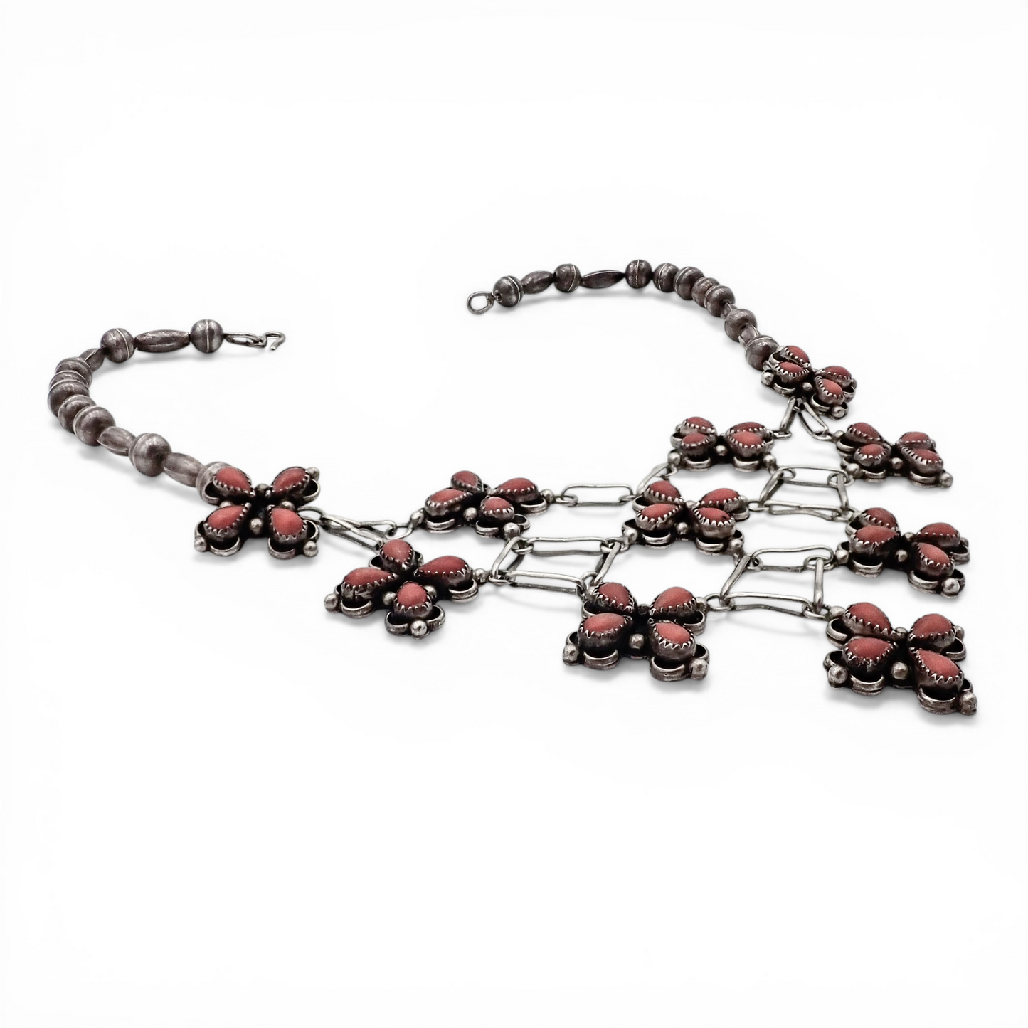 1970s Native American Coral Cluster Sterling Silver Bead & Link Bib Necklace by H. ORTEGA