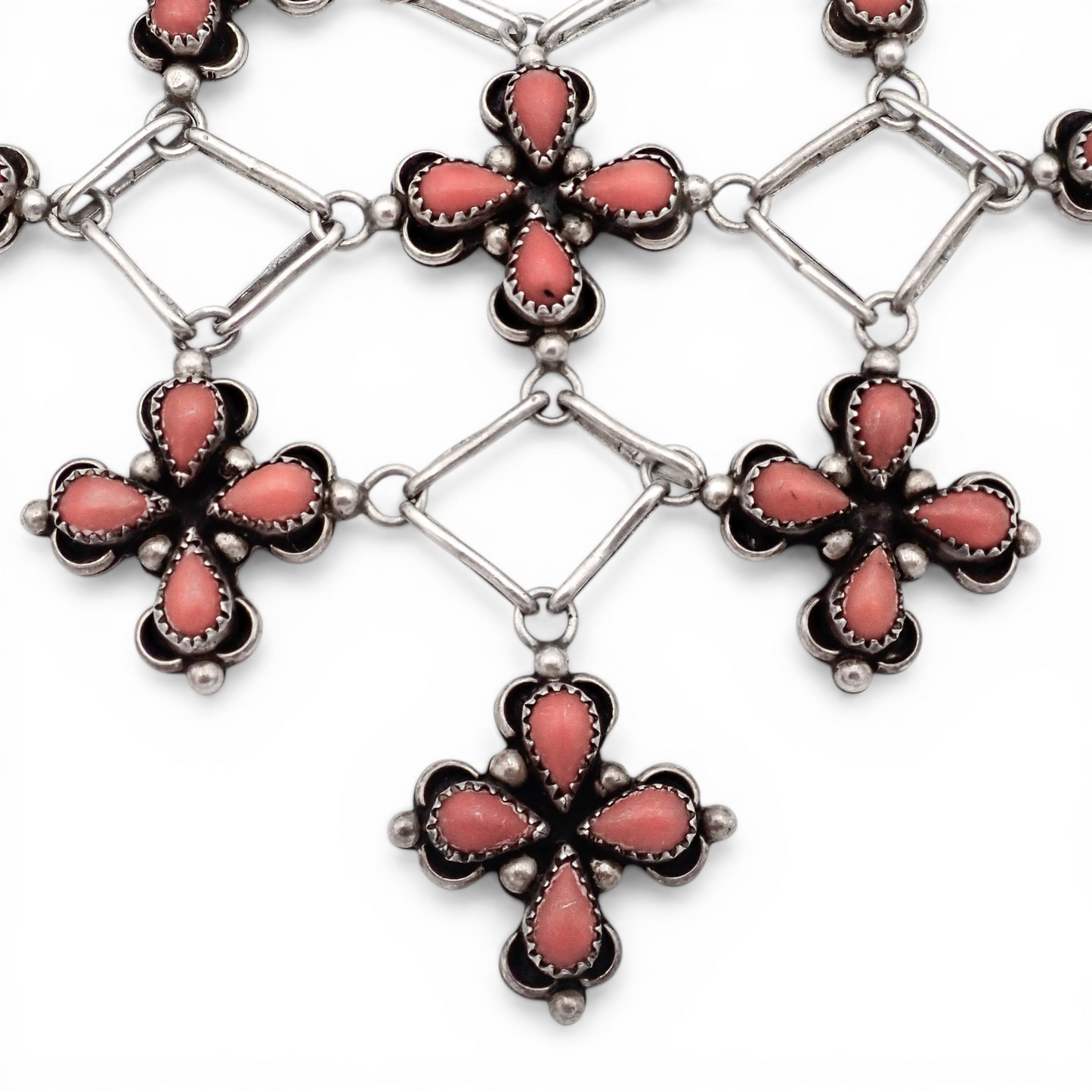 1970s Native American Coral Cluster Sterling Silver Bead & Link Bib Necklace by H. ORTEGA
