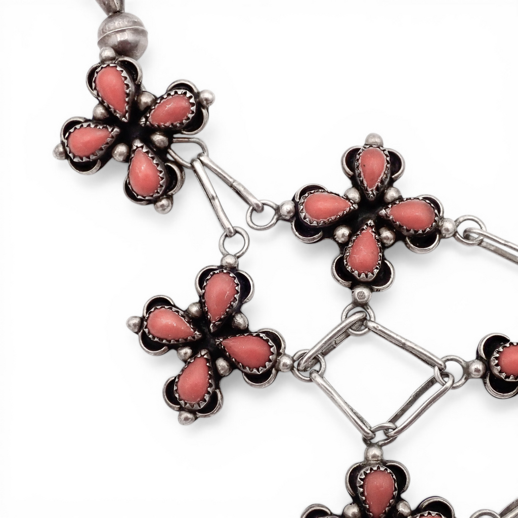 1970s Native American Coral Cluster Sterling Silver Bead & Link Bib Necklace by H. ORTEGA