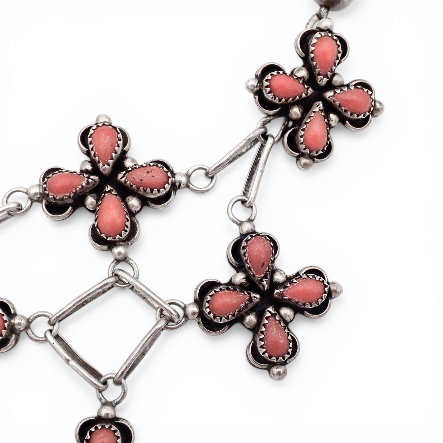 1970s Native American Coral Cluster Sterling Silver Bead & Link Bib Necklace by H. ORTEGA