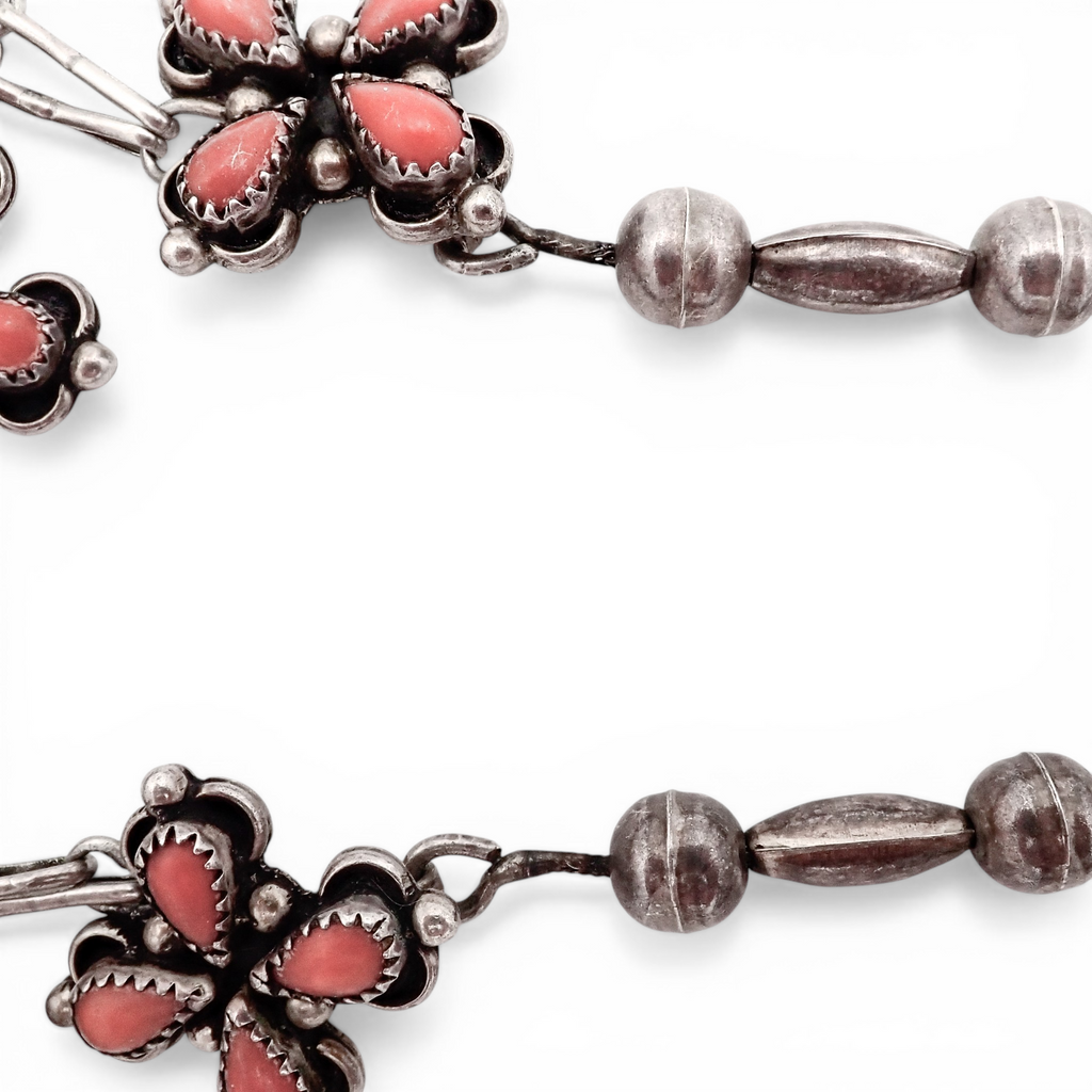 1970s Native American Coral Cluster Sterling Silver Bead & Link Bib Necklace by H. ORTEGA