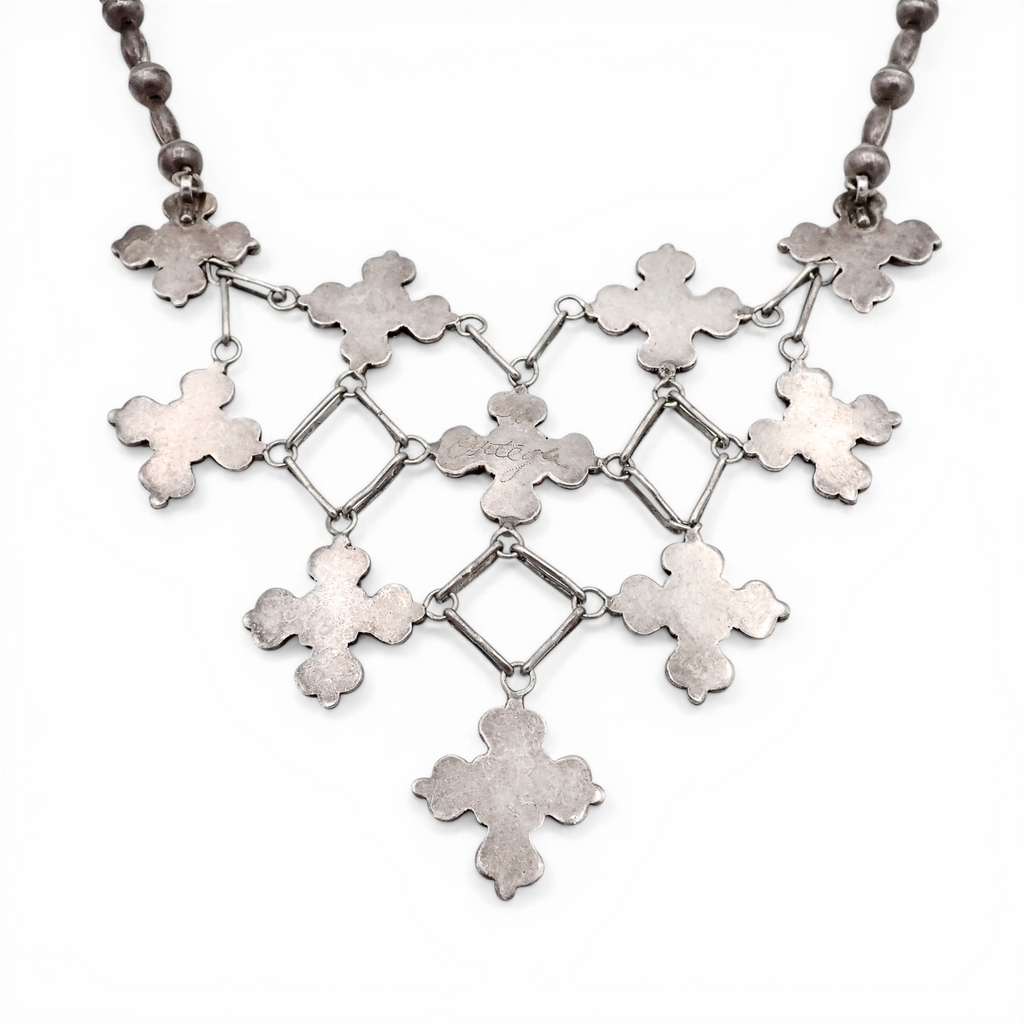 1970s Native American Coral Cluster Sterling Silver Bead & Link Bib Necklace by H. ORTEGA