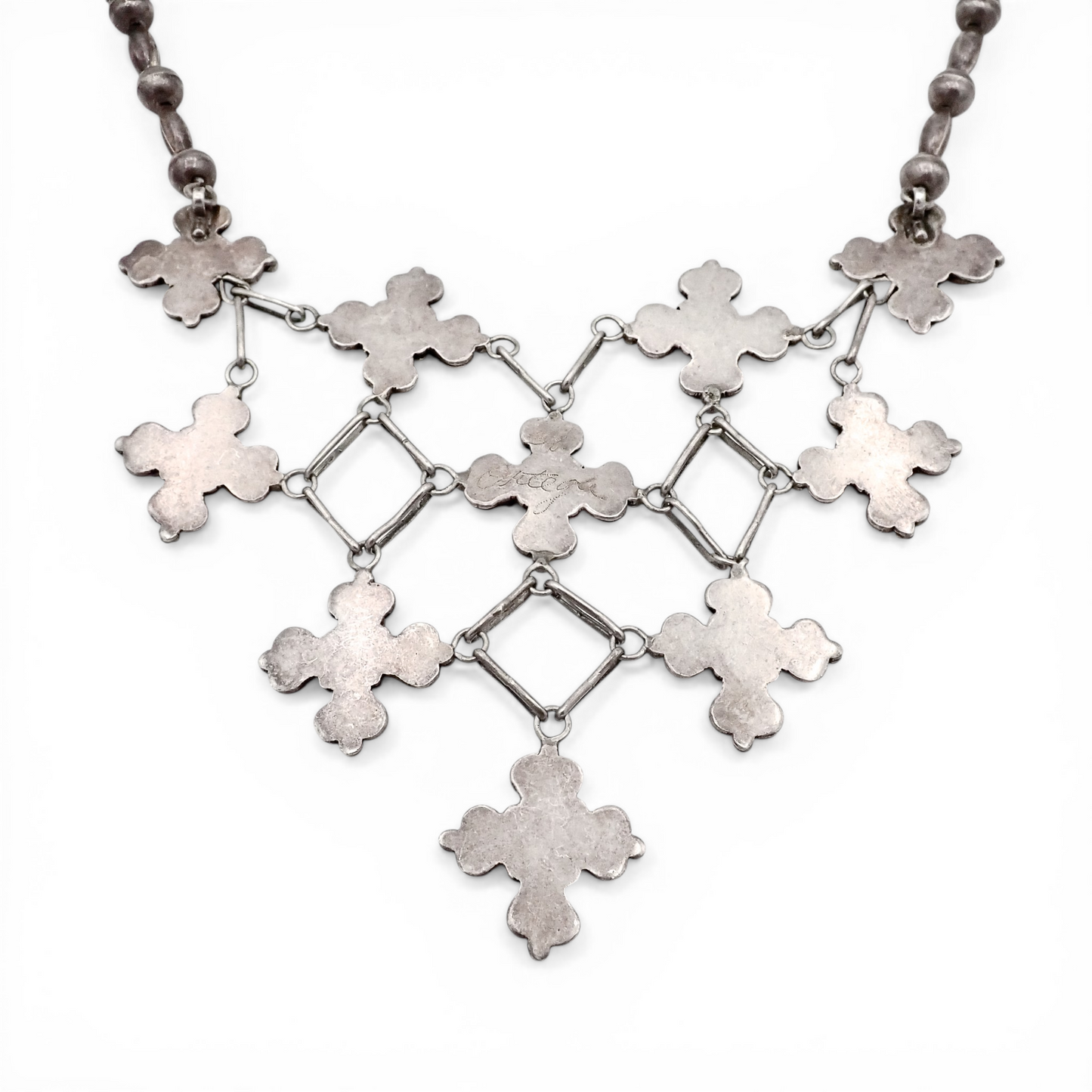 1970s Native American Coral Cluster Sterling Silver Bead & Link Bib Necklace by H. ORTEGA