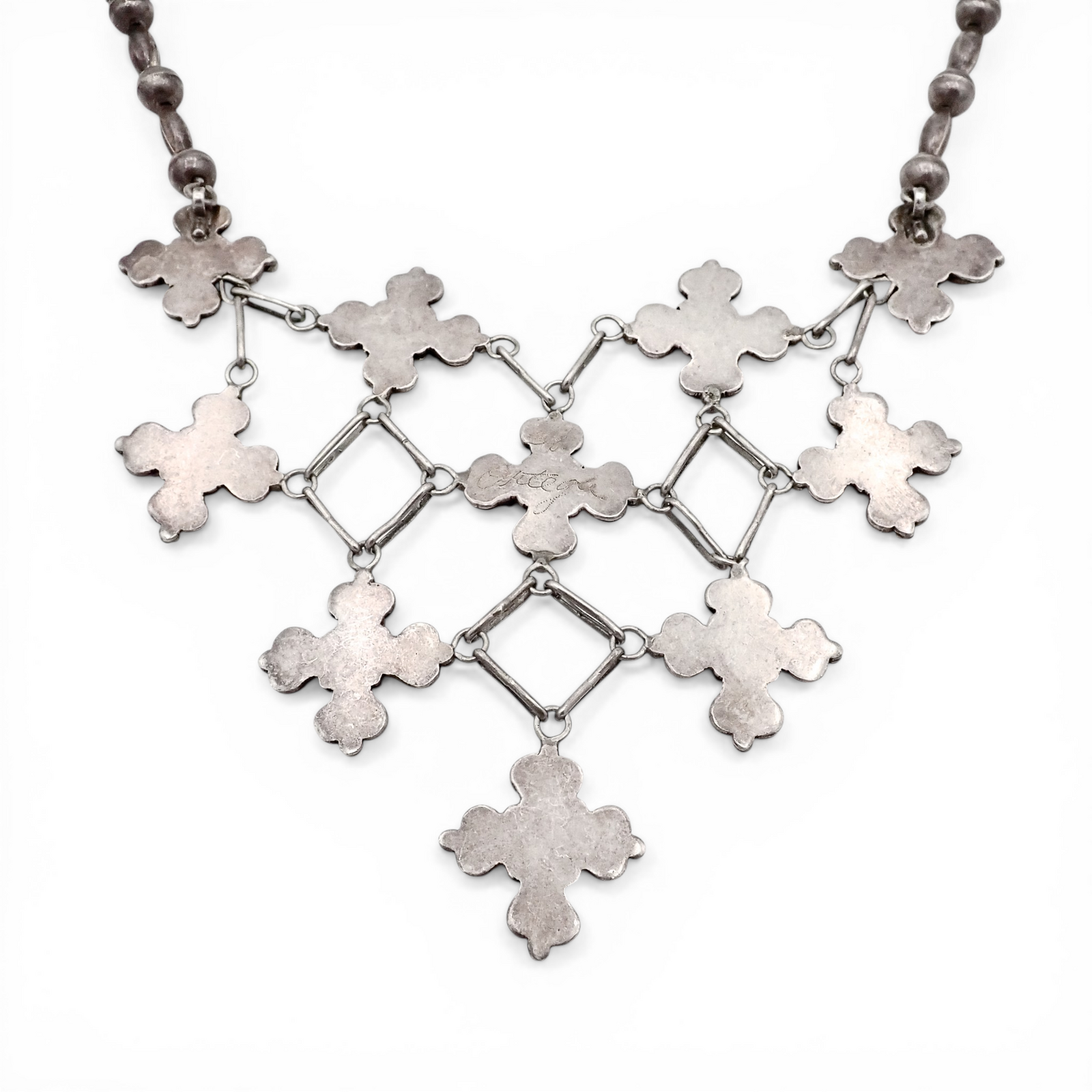 1970s Native American Coral Cluster Sterling Silver Bead & Link Bib Necklace by H. ORTEGA
