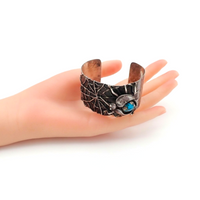 1970s Southwestern Navajo Kingman Turquoise Spider Sterling Silver Raised Web Shank Cuff Bracelet