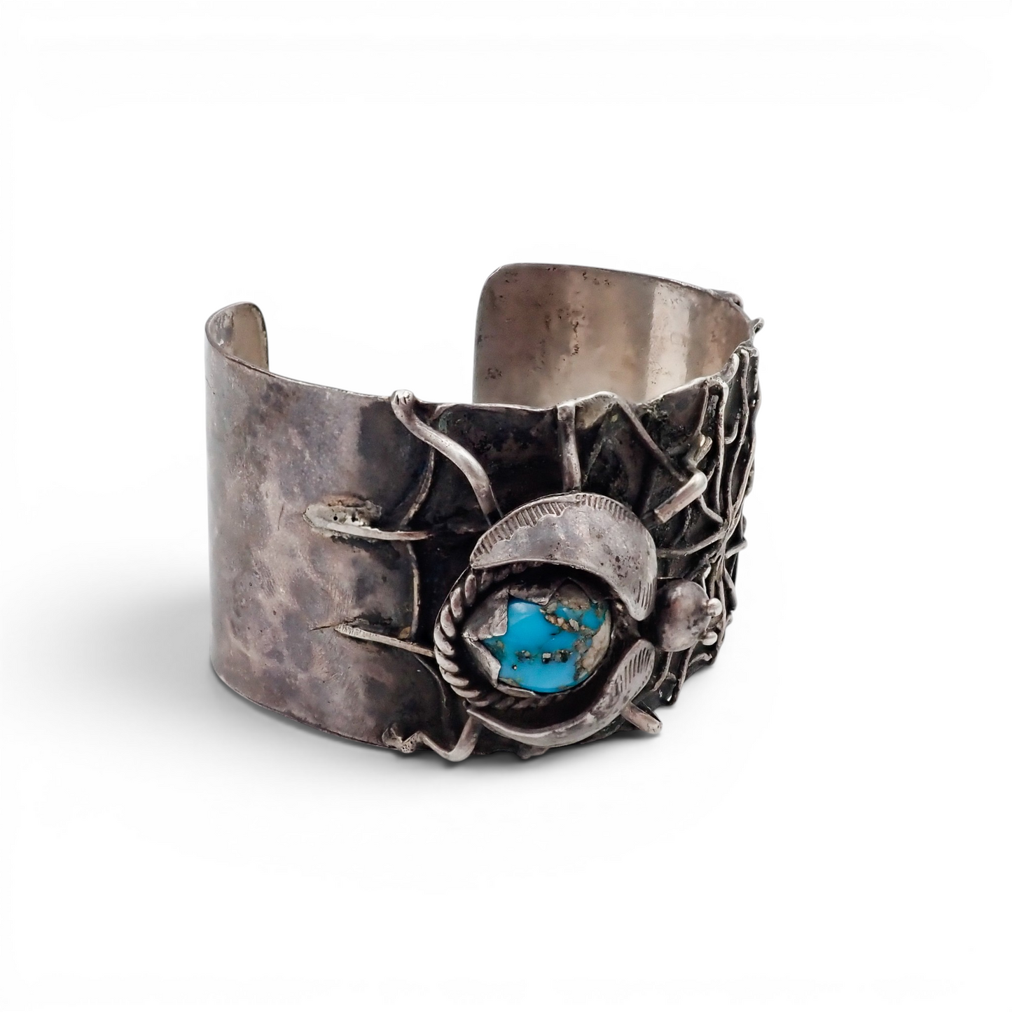 1970s Southwestern Navajo Kingman Turquoise Spider Sterling Silver Raised Web Shank Cuff Bracelet