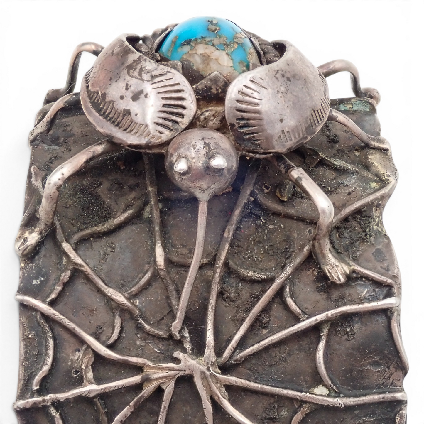 1970s Southwestern Navajo Kingman Turquoise Spider Sterling Silver Raised Web Shank Cuff Bracelet