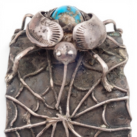 1970s Southwestern Navajo Kingman Turquoise Spider Sterling Silver Raised Web Shank Cuff Bracelet