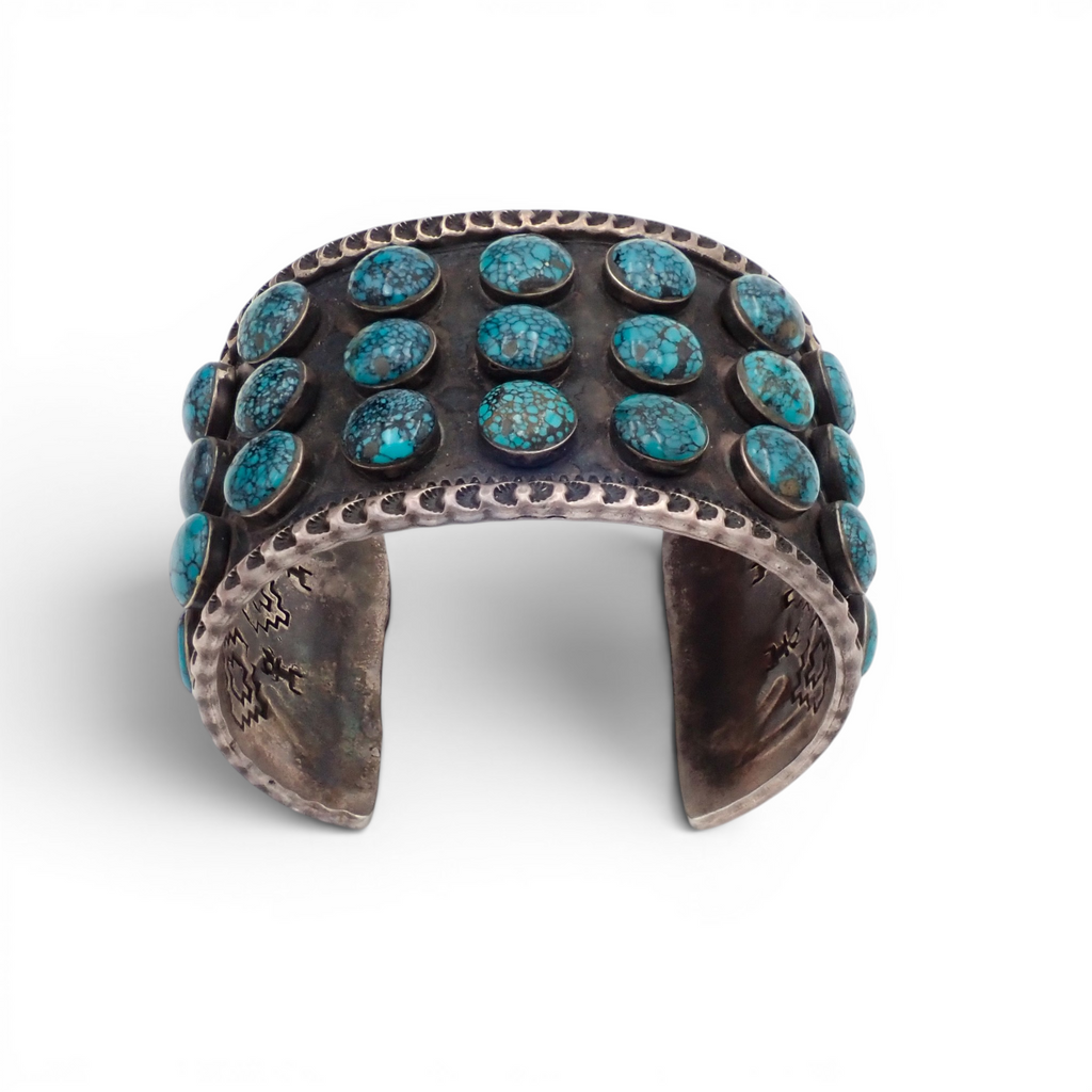 144-Gram Navajo Teal Spiderweb Turquoise Multi-Row Stone Setting Sterling Cuff Bracelet