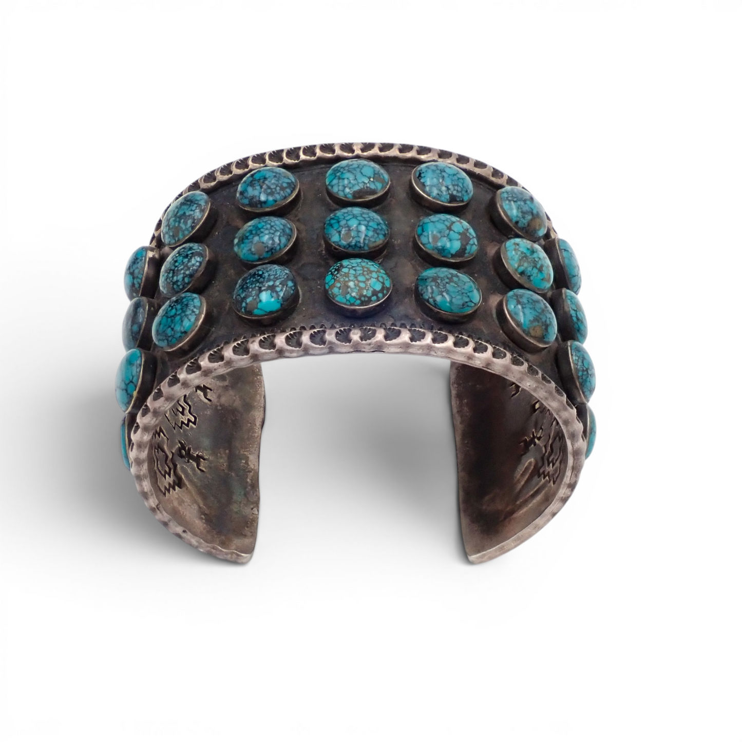 144-Gram Navajo Teal Spiderweb Turquoise Multi-Row Stone Setting Sterling Cuff Bracelet