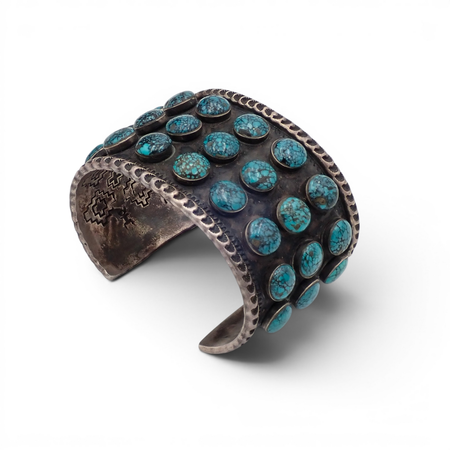 144-Gram Navajo Teal Spiderweb Turquoise Multi-Row Stone Setting Sterling Cuff Bracelet