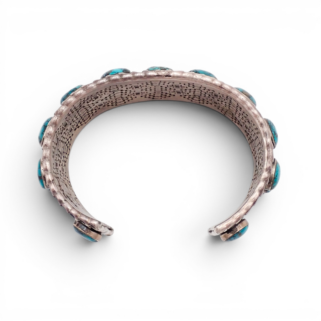 144-Gram Navajo Teal Spiderweb Turquoise Multi-Row Stone Setting Sterling Cuff Bracelet