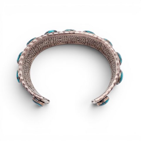 144-Gram Southwestern Teal Spiderweb Turquoise Multi-Row Stone Setting Sterling Cuff Bracelet by G. THORNE