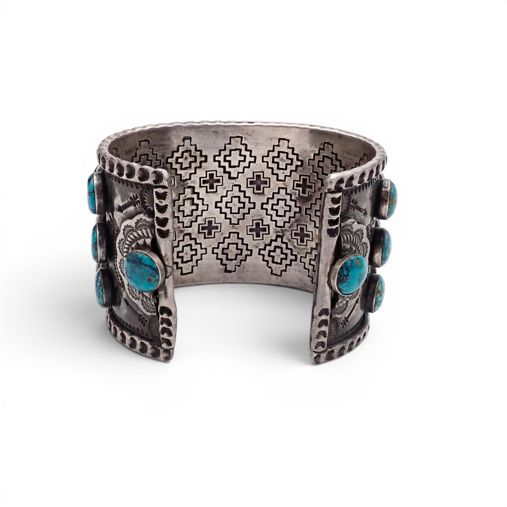 144-Gram Navajo Teal Spiderweb Turquoise Multi-Row Stone Setting Sterling Cuff Bracelet