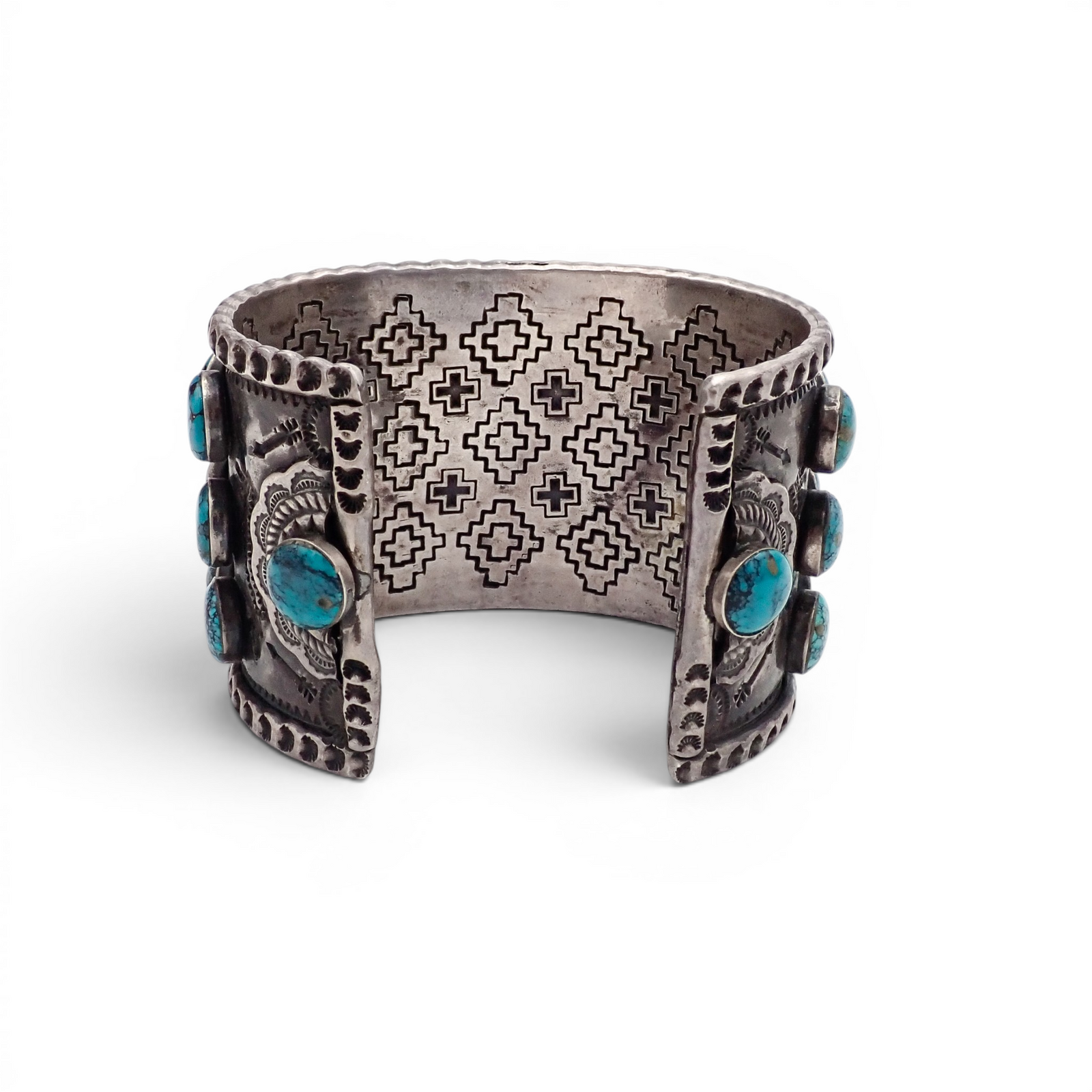 144-Gram Navajo Teal Spiderweb Turquoise Multi-Row Stone Setting Sterling Cuff Bracelet