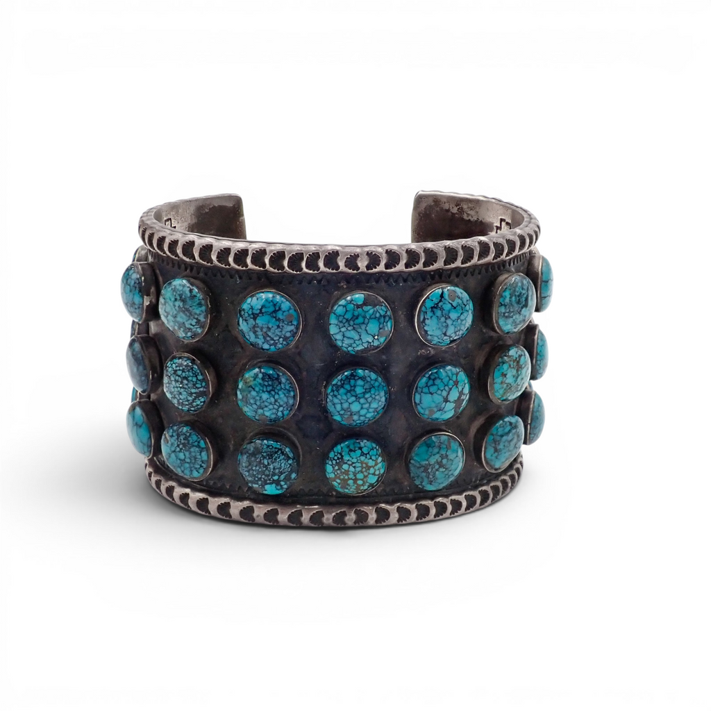 144-Gram Navajo Teal Spiderweb Turquoise Multi-Row Stone Setting Sterling Cuff Bracelet