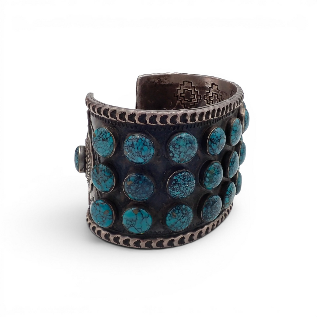 144-Gram Navajo Teal Spiderweb Turquoise Multi-Row Stone Setting Sterling Cuff Bracelet