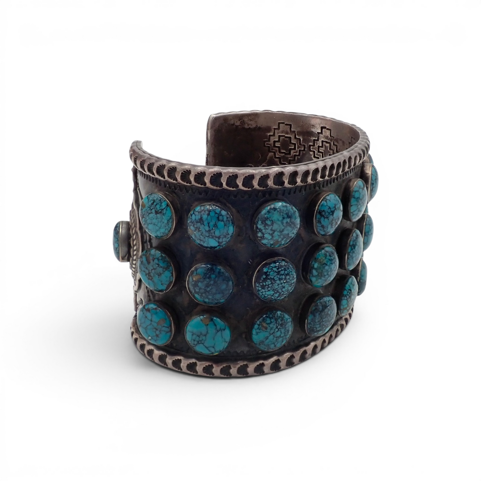 144-Gram Navajo Teal Spiderweb Turquoise Multi-Row Stone Setting Sterling Cuff Bracelet