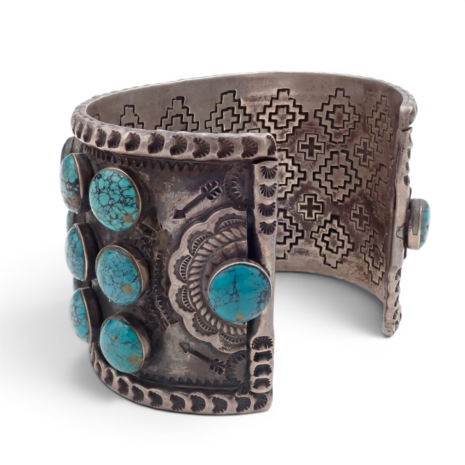 144-Gram Navajo Teal Spiderweb Turquoise Multi-Row Stone Setting Sterling Cuff Bracelet