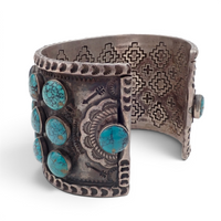 144-Gram Navajo Teal Spiderweb Turquoise Multi-Row Stone Setting Sterling Cuff Bracelet