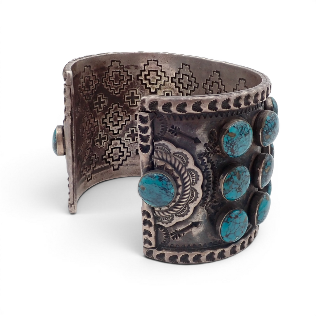 144-Gram Navajo Teal Spiderweb Turquoise Multi-Row Stone Setting Sterling Cuff Bracelet