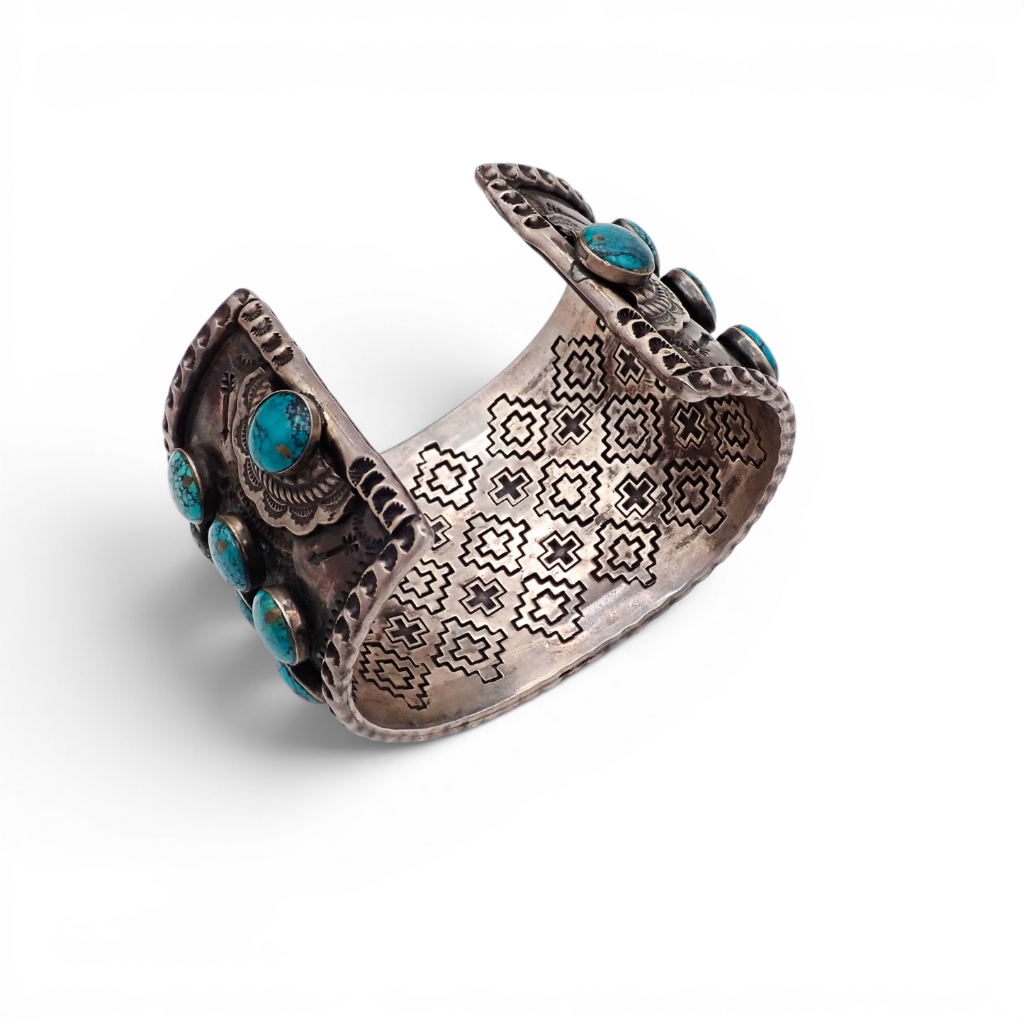 144-Gram Navajo Teal Spiderweb Turquoise Multi-Row Stone Setting Sterling Cuff Bracelet