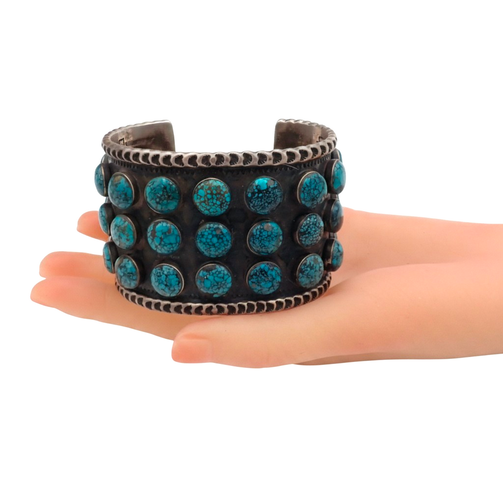 144-Gram Navajo Teal Spiderweb Turquoise Multi-Row Stone Setting Sterling Cuff Bracelet