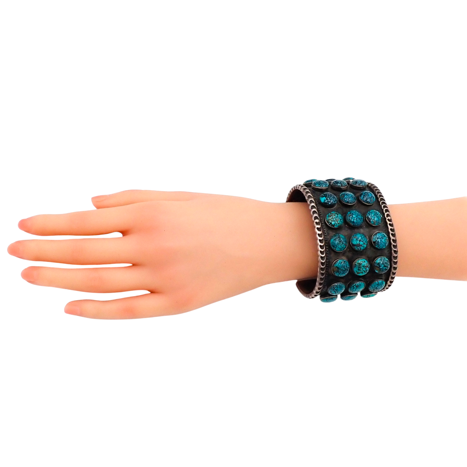 144-Gram Navajo Teal Spiderweb Turquoise Multi-Row Stone Setting Sterling Cuff Bracelet